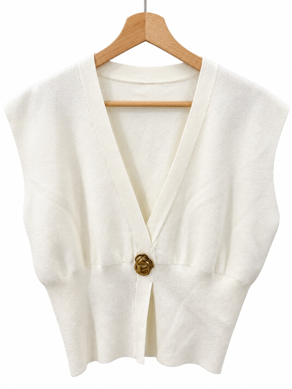 Commense Ivory V-Neck Sleeveless Sweater Vest with Gold Button